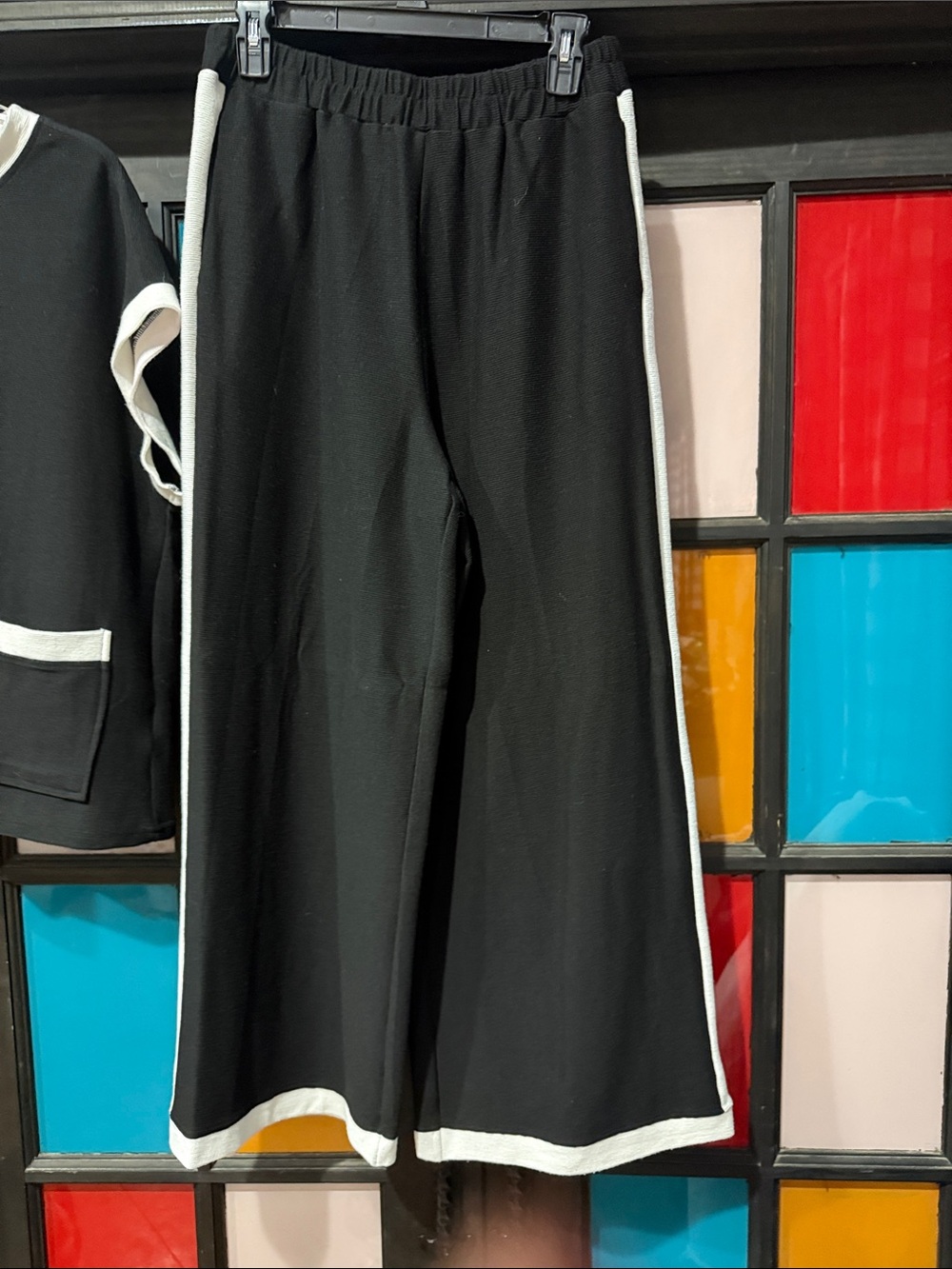 Womens Black Wide-Leg Pants with White Trim